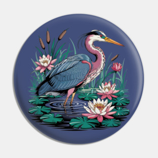 Heron with Pink Lilies and Rippling Pond Pin