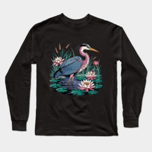 Heron with Pink Lilies and Rippling Pond Long Sleeve T-Shirt