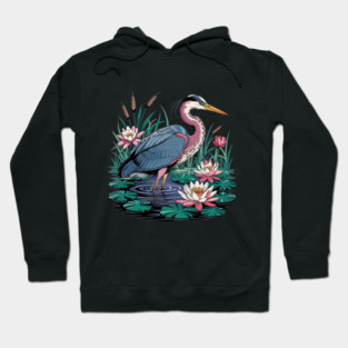 Heron with Pink Lilies and Rippling Pond Hoodie