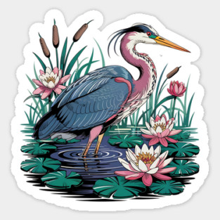 Heron with Pink Lilies and Rippling Pond Sticker