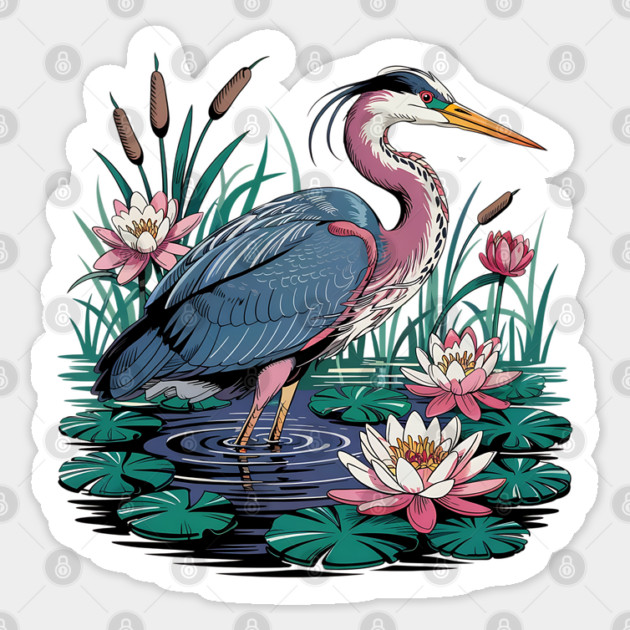 Heron with Pink Lilies and Rippling Pond Sticker by BirdsnStuff