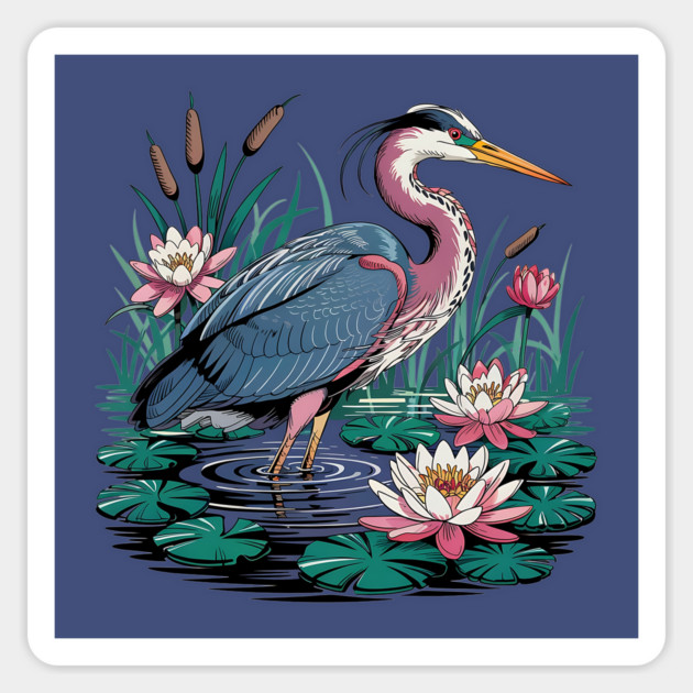 Heron with Pink Lilies and Rippling Pond Magnet by BirdsnStuff