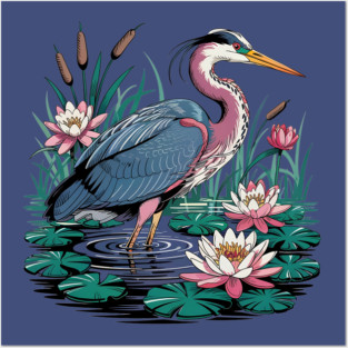 Heron with Pink Lilies and Rippling Pond Posters and Art