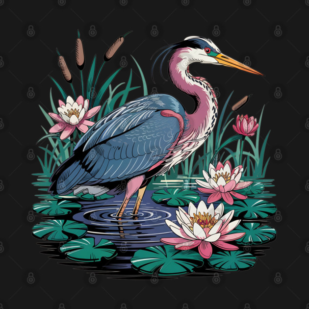 Heron with Pink Lilies and Rippling Pond by BirdsnStuff