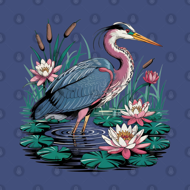 Heron with Pink Lilies and Rippling Pond by BirdsnStuff