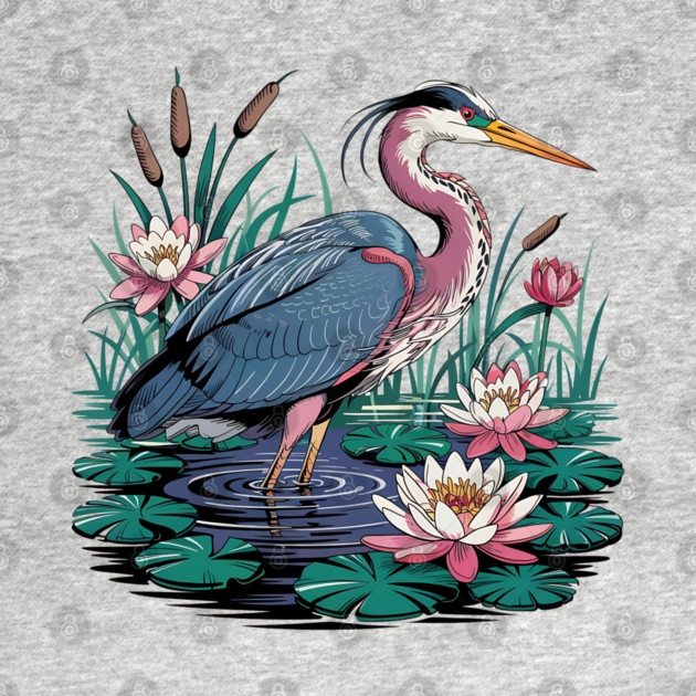 Heron with Pink Lilies and Rippling Pond by BirdsnStuff