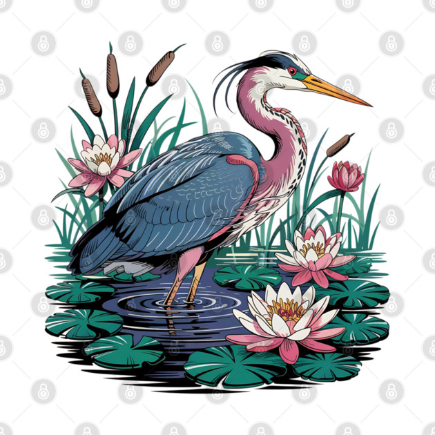 Heron with Pink Lilies and Rippling Pond by BirdsnStuff