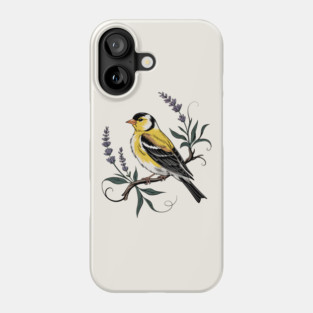 Vintage Goldfinch Perched with Lavender Blooms Phone Case