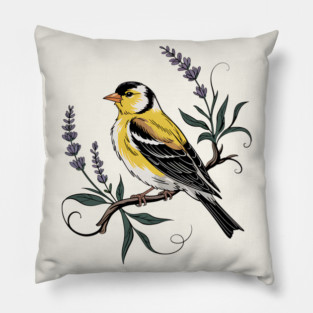 Vintage Goldfinch Perched with Lavender Blooms Pillow