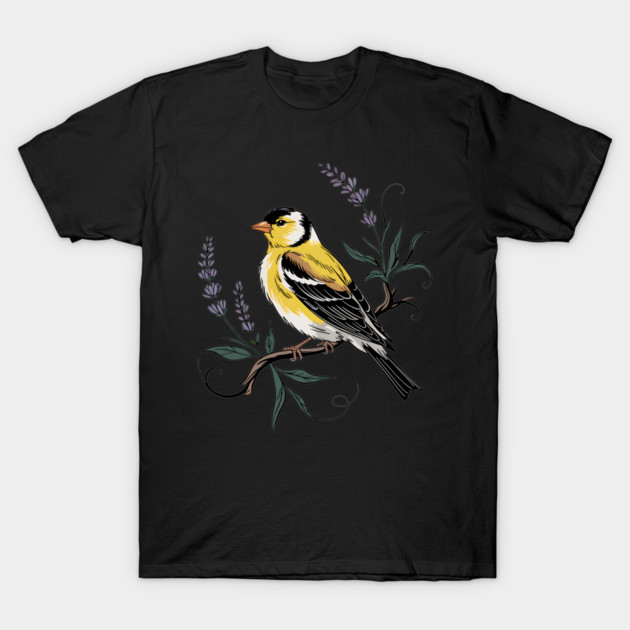 Vintage Goldfinch Perched with Lavender Blooms T-Shirt by BirdsnStuff