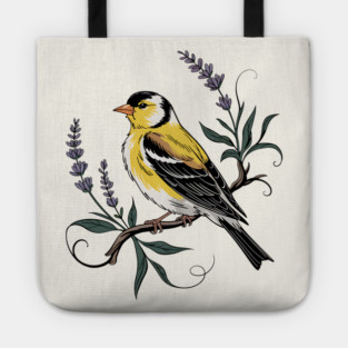 Vintage Goldfinch Perched with Lavender Blooms Tote