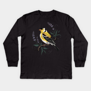 Vintage Goldfinch Perched with Lavender Blooms Kids Long Sleeve T-Shirt