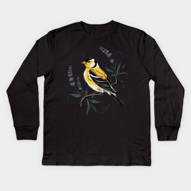 Vintage Goldfinch Perched with Lavender Blooms Kids Long Sleeve T-Shirt by BirdsnStuff