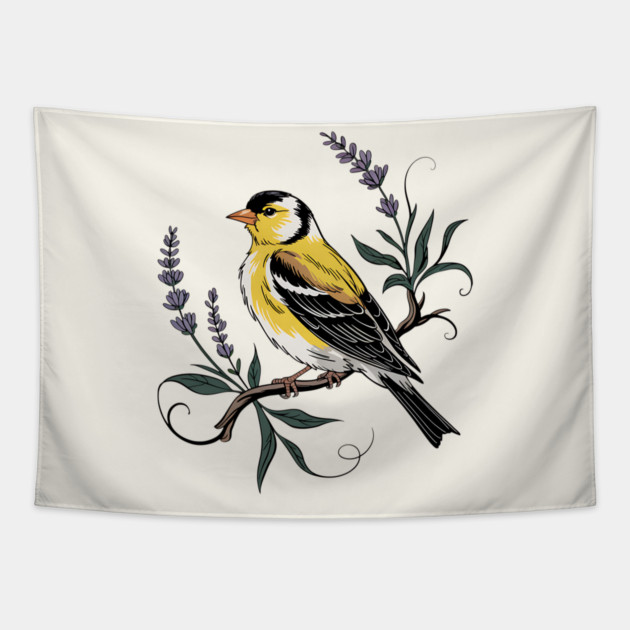 Vintage Goldfinch Perched with Lavender Blooms Tapestry by BirdsnStuff