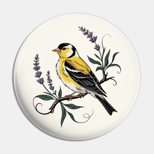 Vintage Goldfinch Perched with Lavender Blooms Pin by BirdsnStuff