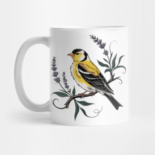 Vintage Goldfinch Perched with Lavender Blooms Mug