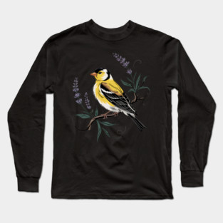 Vintage Goldfinch Perched with Lavender Blooms Long Sleeve T-Shirt