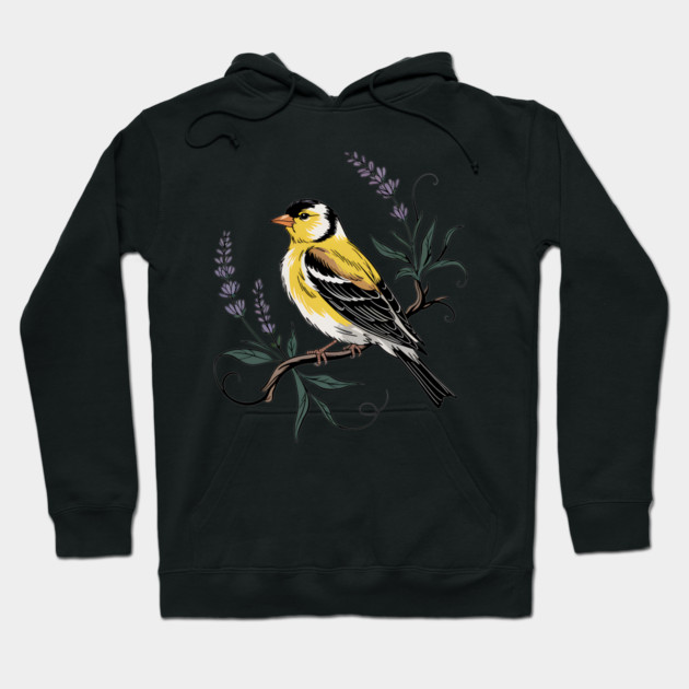 Vintage Goldfinch Perched with Lavender Blooms Hoodie by BirdsnStuff
