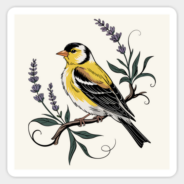 Vintage Goldfinch Perched with Lavender Blooms Magnet by BirdsnStuff