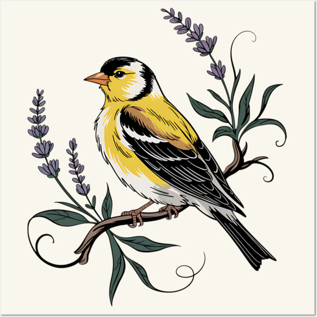 Vintage Goldfinch Perched with Lavender Blooms Wall Art by BirdsnStuff