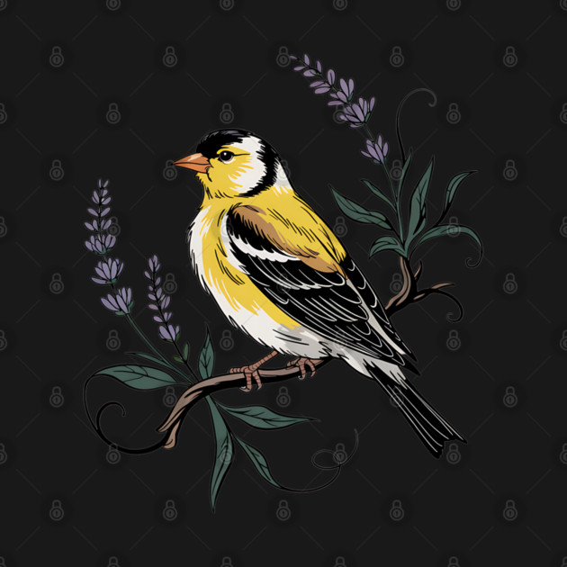 Vintage Goldfinch Perched with Lavender Blooms by BirdsnStuff