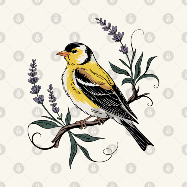 Vintage Goldfinch Perched with Lavender Blooms by BirdsnStuff