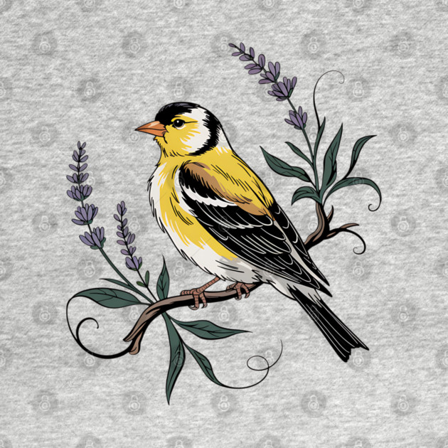 Vintage Goldfinch Perched with Lavender Blooms by BirdsnStuff