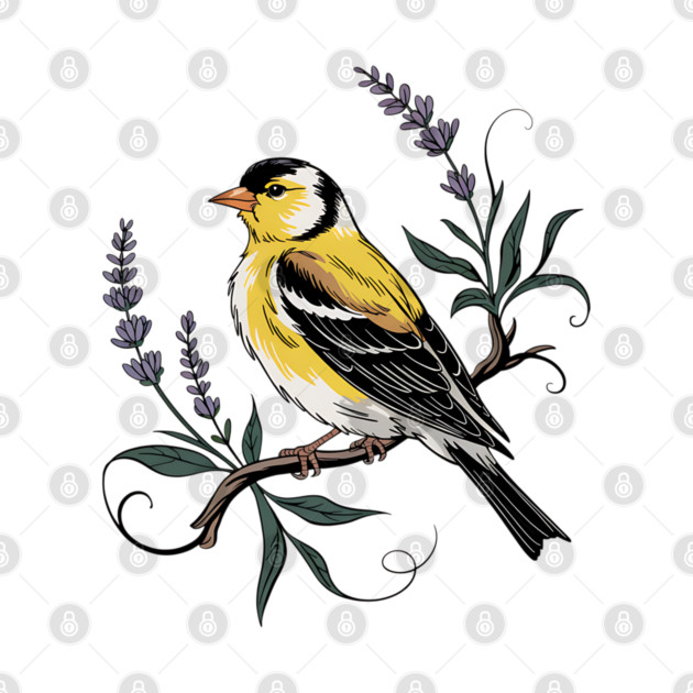 Vintage Goldfinch Perched with Lavender Blooms by BirdsnStuff