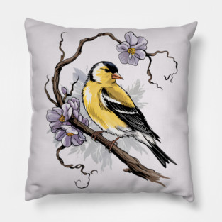 Vintage Goldfinch on Branch with Violet Florals Pillow