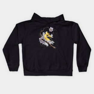 Vintage Goldfinch on Branch with Violet Florals Kids Hoodie