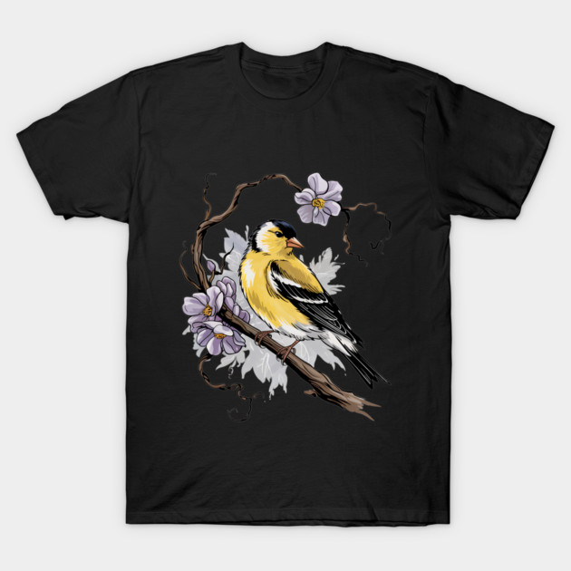 Vintage Goldfinch on Branch with Violet Florals T-Shirt by BirdsnStuff