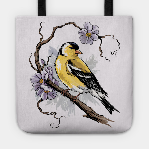 Vintage Goldfinch on Branch with Violet Florals Tote by BirdsnStuff