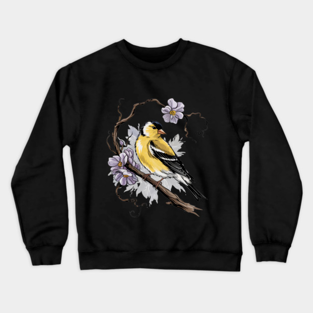 Vintage Goldfinch on Branch with Violet Florals Crewneck Sweatshirt by BirdsnStuff