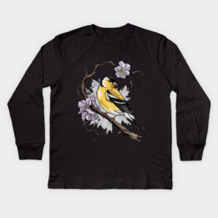 Vintage Goldfinch on Branch with Violet Florals Kids Long Sleeve T-Shirt