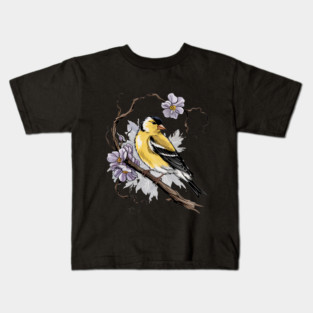 Vintage Goldfinch on Branch with Violet Florals Kids T-Shirt