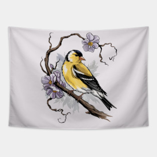 Vintage Goldfinch on Branch with Violet Florals Tapestry