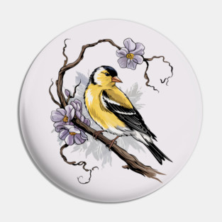 Vintage Goldfinch on Branch with Violet Florals Pin