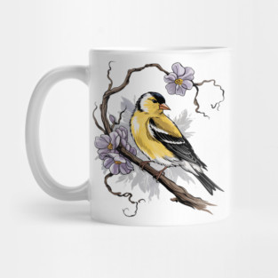 Vintage Goldfinch on Branch with Violet Florals Mug