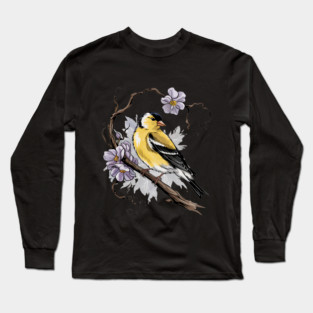 Vintage Goldfinch on Branch with Violet Florals Long Sleeve T-Shirt