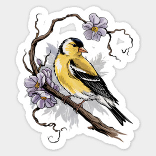 Vintage Goldfinch on Branch with Violet Florals Sticker