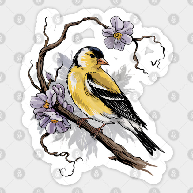 Vintage Goldfinch on Branch with Violet Florals Sticker by BirdsnStuff