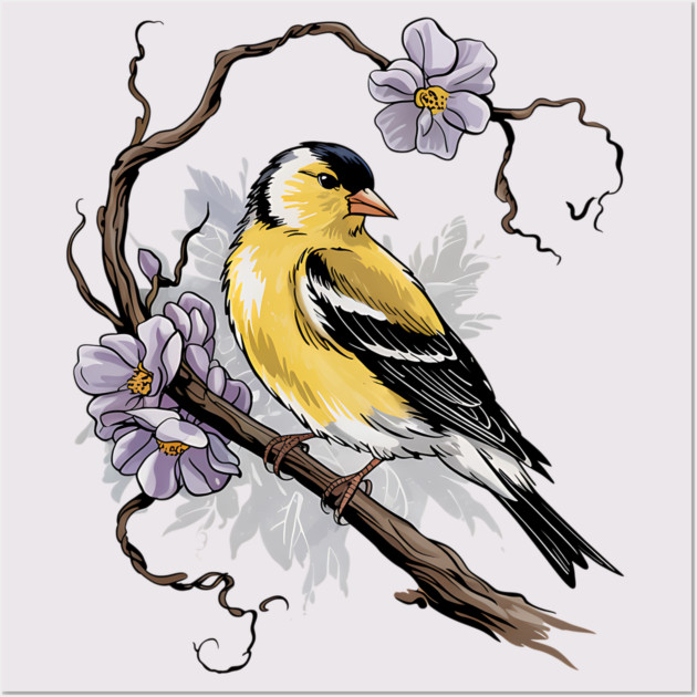 Vintage Goldfinch on Branch with Violet Florals Wall Art by BirdsnStuff