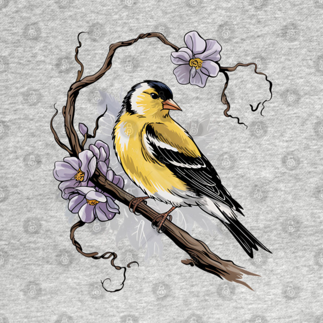Vintage Goldfinch on Branch with Violet Florals by BirdsnStuff