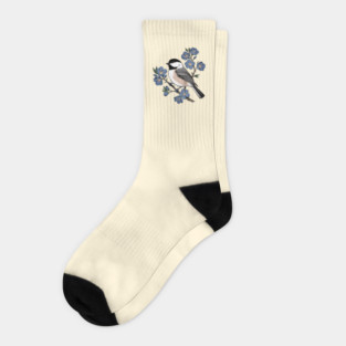 Black-Capped Chickadee with Soft Blue Blossoms Socks