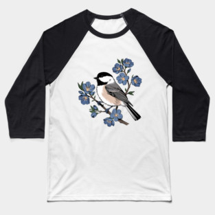Black-Capped Chickadee with Soft Blue Blossoms Baseball T-Shirt