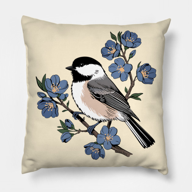 Black-Capped Chickadee with Soft Blue Blossoms Pillow by BirdsnStuff