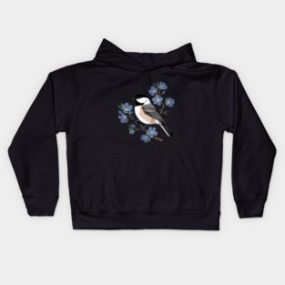 Black-Capped Chickadee with Soft Blue Blossoms Kids Hoodie