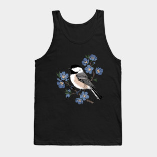 Black-Capped Chickadee with Soft Blue Blossoms Tank Top