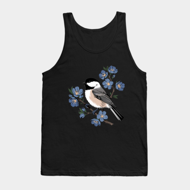 Black-Capped Chickadee with Soft Blue Blossoms Tank Top by BirdsnStuff