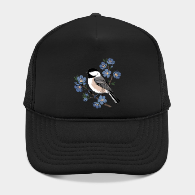 Black-Capped Chickadee with Soft Blue Blossoms by BirdsnStuff